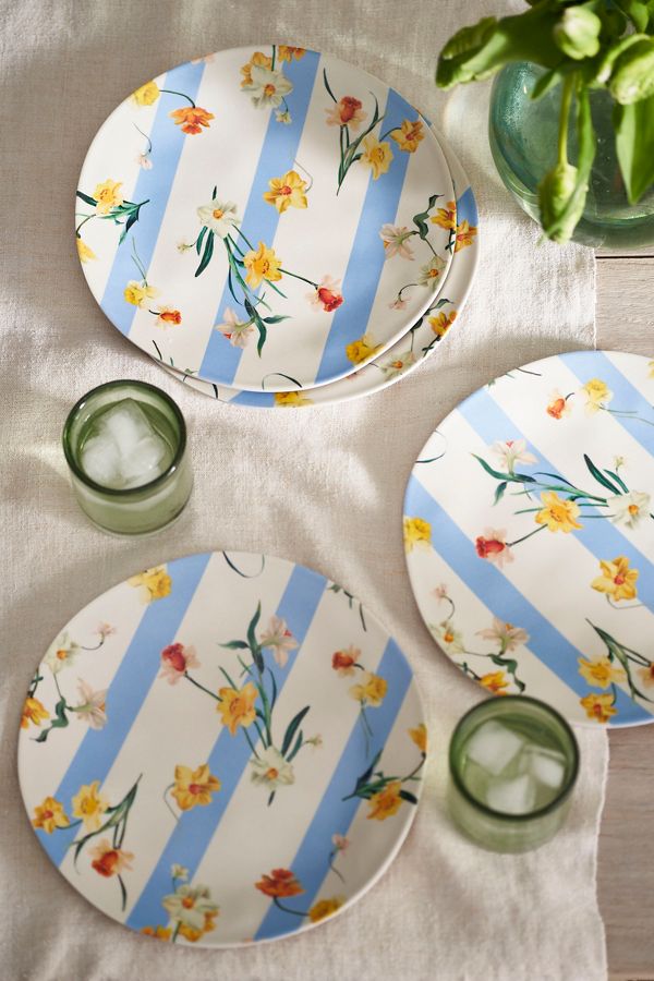 Slide View: 1: By Hope Daffodil Stripe Melamine Dinner Plates, Set of 4