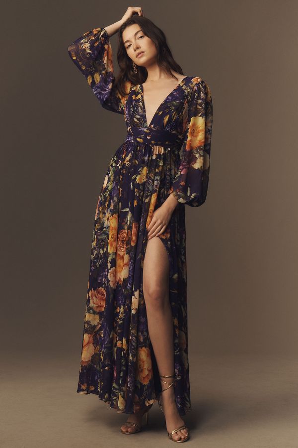 Slide View: 1: BHLDN Mae Long-Sleeve V-Neck Chiffon Maxi Dress