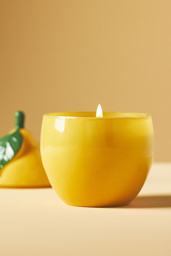 Slide View: 1: Lemon-Shaped Floral Lemon Blossom Glass Candle