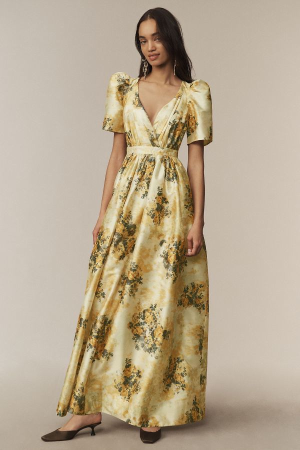 Slide View: 1: BHLDN Aurora Puff-Sleeve Taffeta Maxi Dress