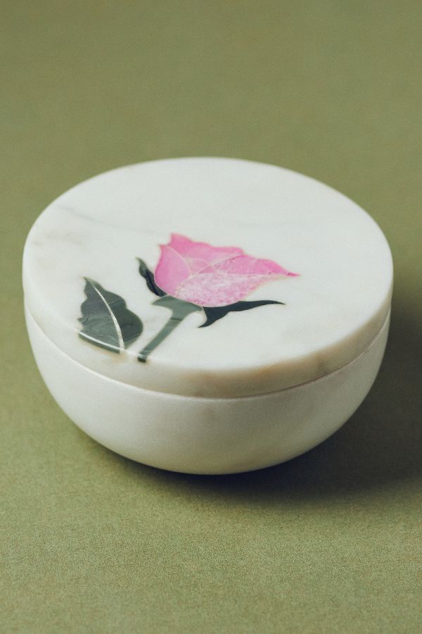 Slide View: 2: Inlaid Flower Marble Trinket Box