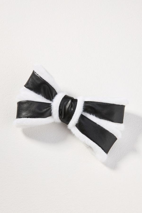 Slide View: 1: Fuzzy Faux-Leather Bow Barrette