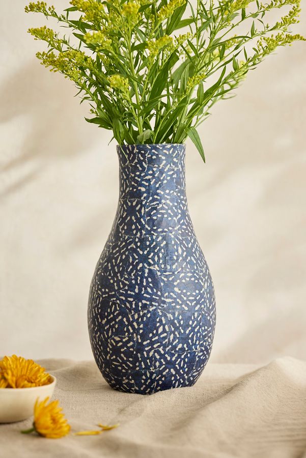 Slide View: 1: Patterned Papier Mache Vase, Blue Small