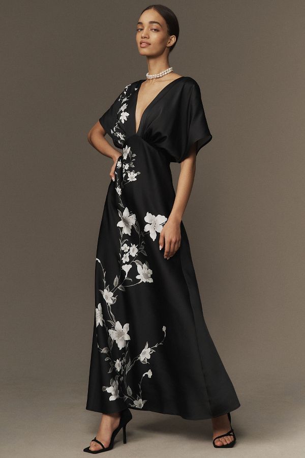 Slide View: 4: BHLDN Waverly V-Neck High-Shine Satin Maxi Dress