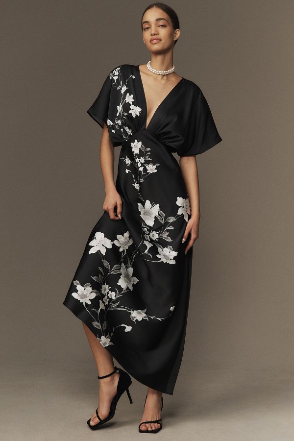 Slide View: 1: BHLDN Waverly V-Neck High-Shine Satin Maxi Dress