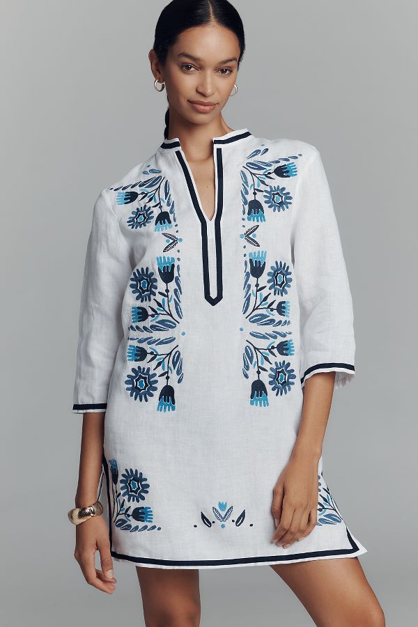 Slide View: 2: Vilagallo Diletta Linen Kaftan Mini Dress