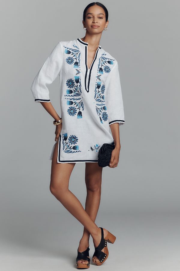 Slide View: 1: Vilagallo Diletta Linen Kaftan Mini Dress