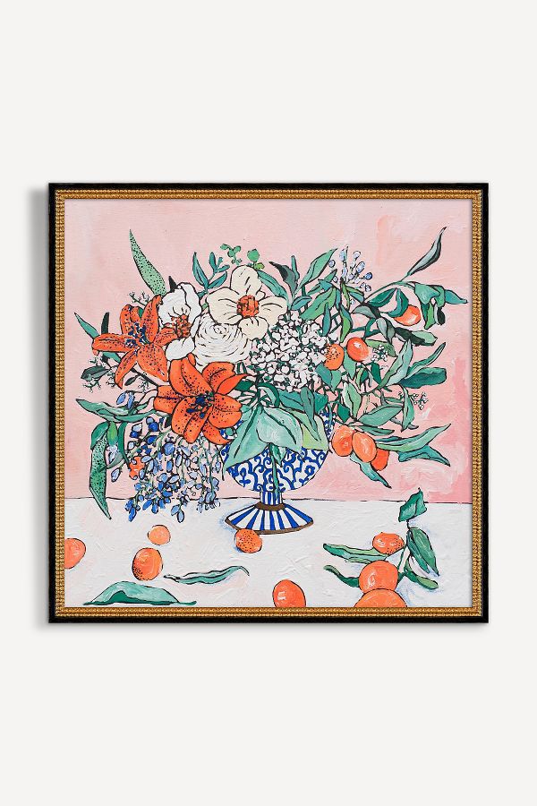 Slide View: 2: California Summer Citrus Bouquet Pink Floral Painting Wall Art