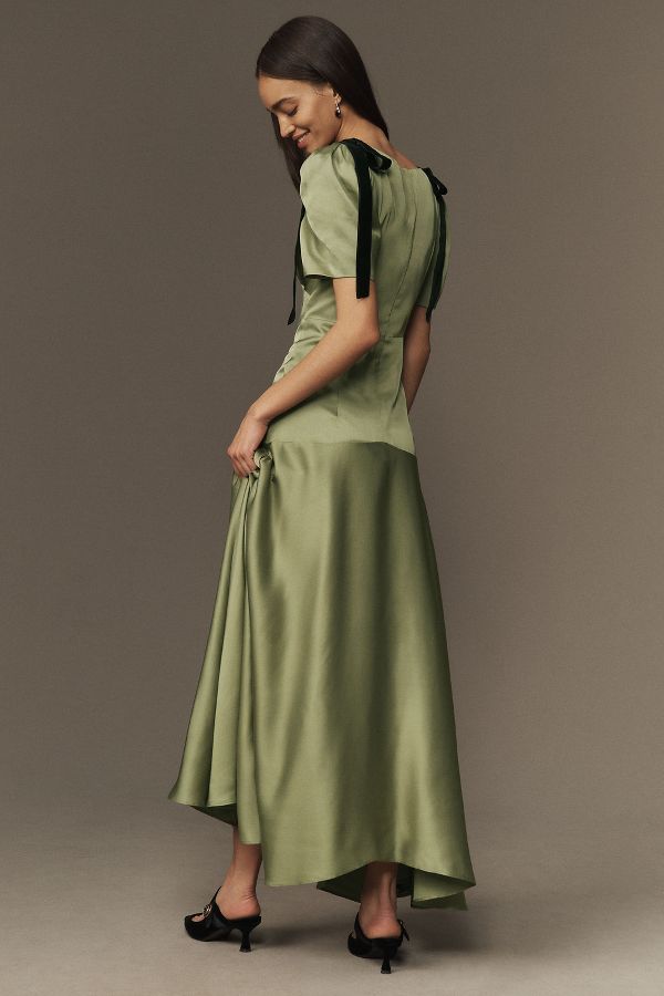 Slide View: 4: Mare Mare Bree Puff-Sleeve V-Neck Satin Slip Midi Dress