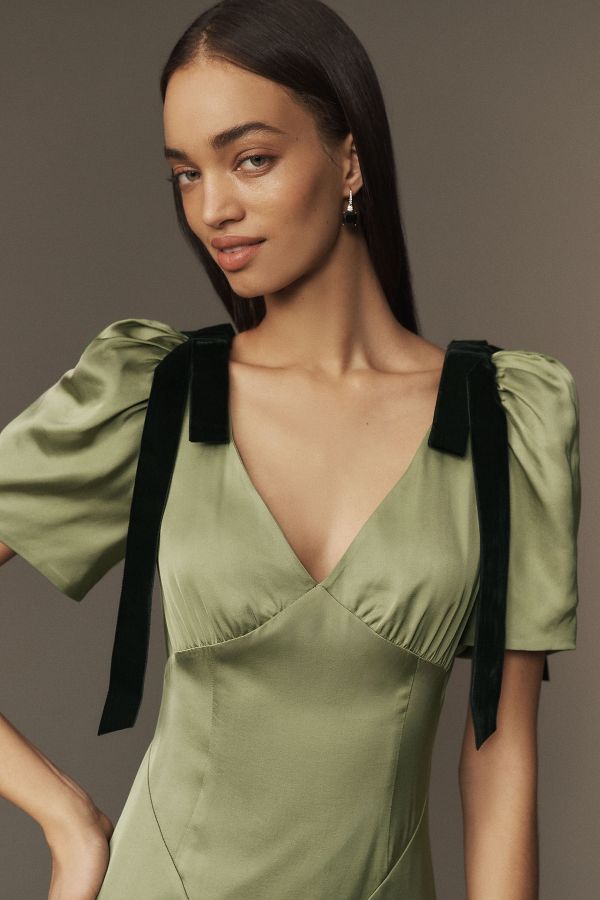 Slide View: 5: Mare Mare Bree Puff-Sleeve V-Neck Satin Slip Midi Dress