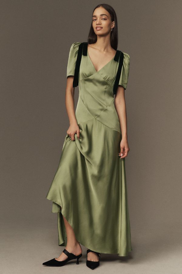 Slide View: 3: Mare Mare Bree Puff-Sleeve V-Neck Satin Slip Midi Dress