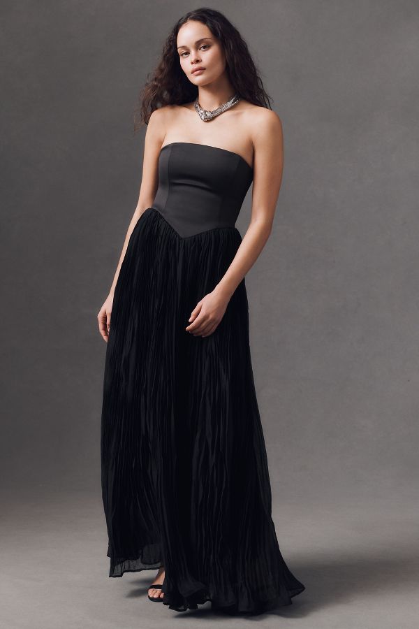 Slide View: 1: Delfi Collective Lourdes Strapless Pleated Drop-Waist Maxi Dress