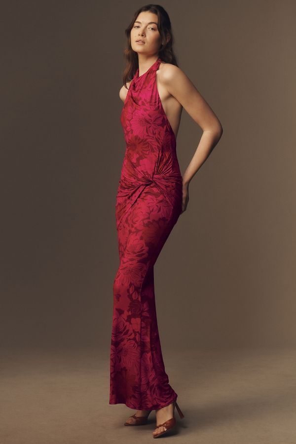 Slide View: 4: Katie May Leyla Cowled Halter Open-Back Knotted Jersey Maxi Dress