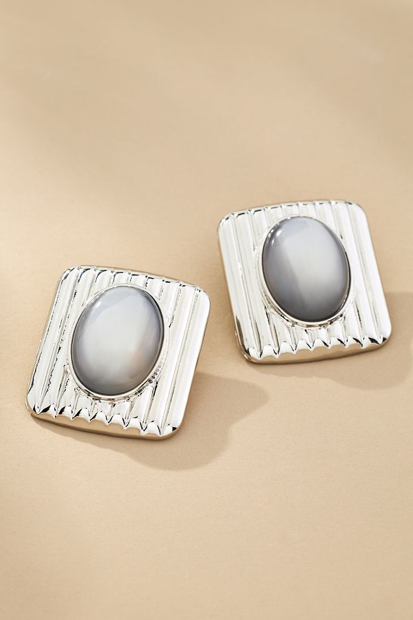 Slide View: 1: Ribbed Square Stone Earrings