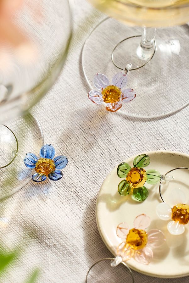 Slide View: 1: Floral Glass Wine Charms, Set of 6