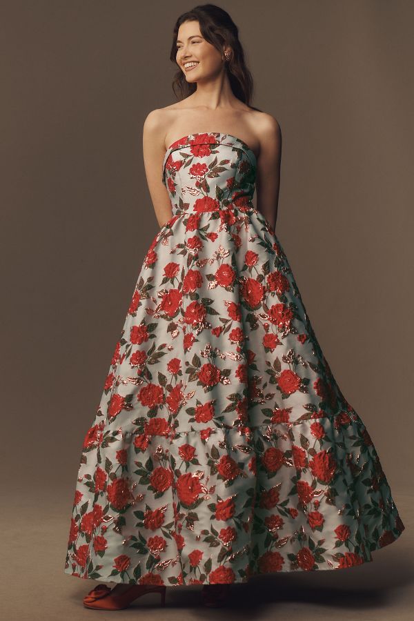 Slide View: 1: Mac Duggal Strapless Brocade Floral Ruffle-Hem A-Line Maxi Dress