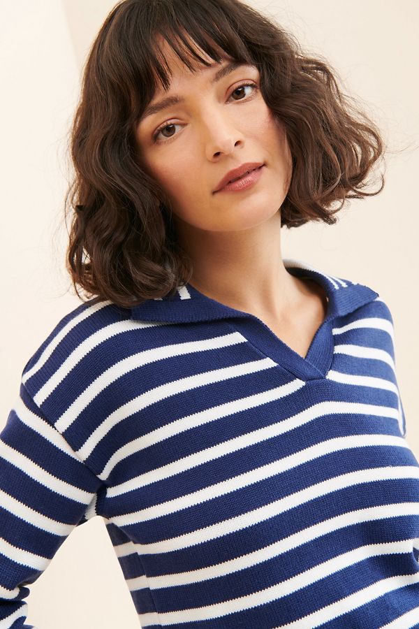 Slide View: 3: Flat White Striped Polo Knit Sweater