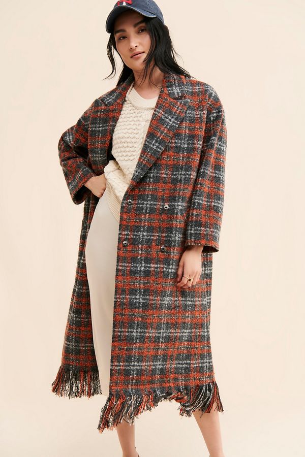 Slide View: 1: The Korner Plaid Fringe Coat