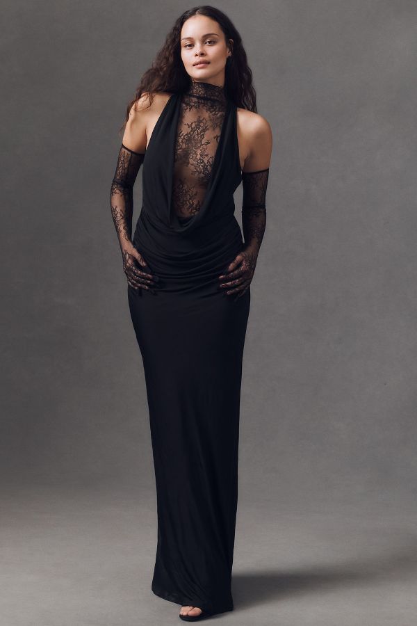 Slide View: 5: De La Vali Amaryllis Plunge Cowl-Neck Maxi Dress