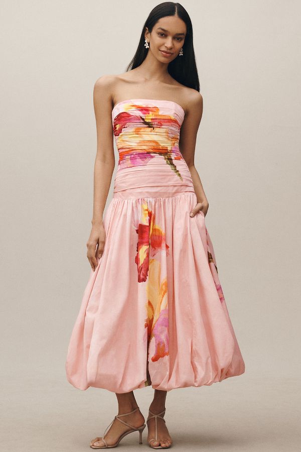 Slide View: 1: Nicholas the Label Despina Strapless Midi Dress with Bubble Skirt