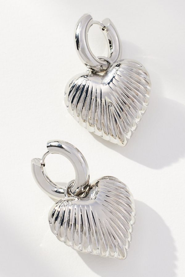 Slide View: 1: Ribbed Heart Charm Huggie Earrings