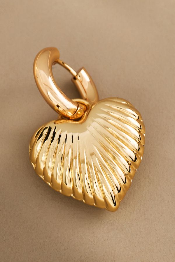 Slide View: 2: Ribbed Heart Charm Huggie Earrings