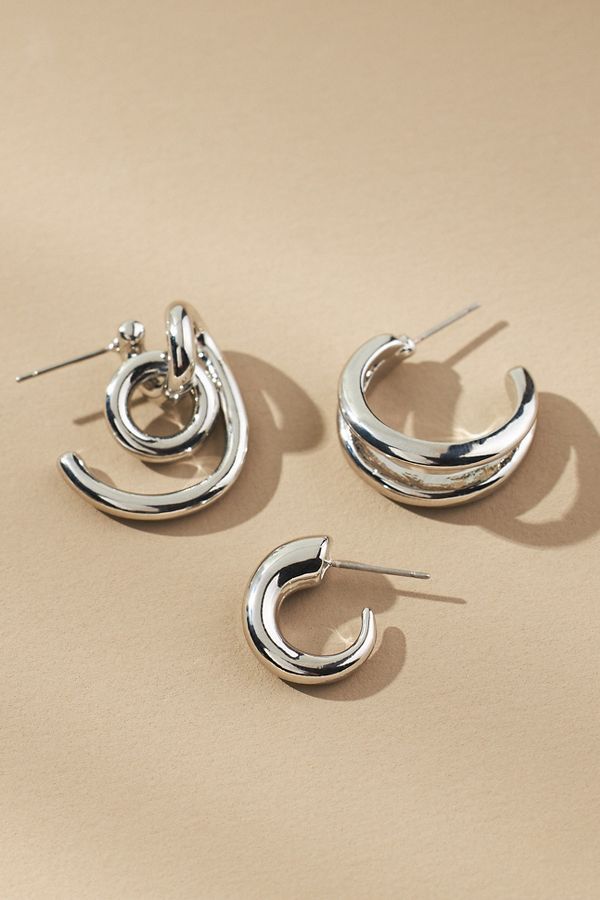 Slide View: 2: Mingled Huggie Hoop Earrings, Set of 3