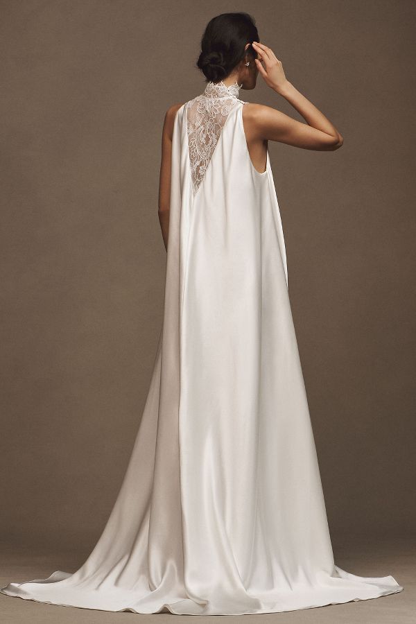 Slide View: 2: OUMA Thierry High-Neck French Lace & Bias-Cut Satin Wedding Gown