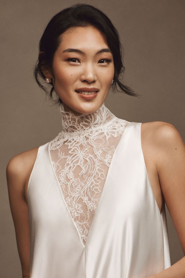 Slide View: 3: OUMA Thierry High-Neck French Lace & Bias-Cut Satin Wedding Gown