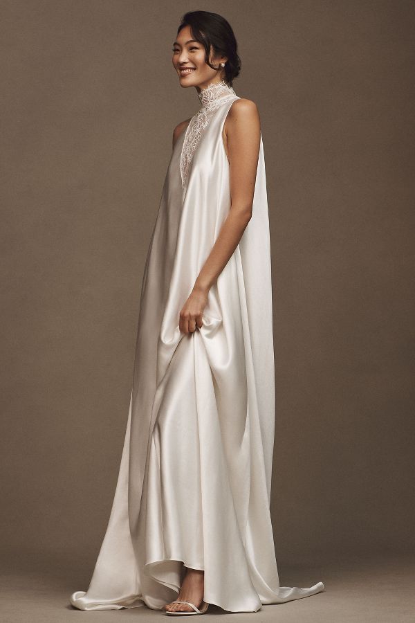 Slide View: 4: OUMA Thierry High-Neck French Lace & Bias-Cut Satin Wedding Gown