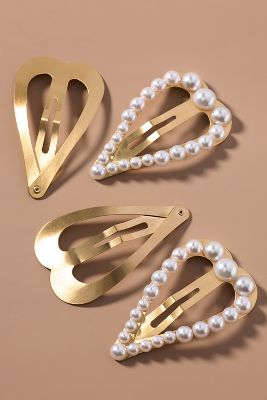 Pearl Heart Hair Barrettes, Set of 4