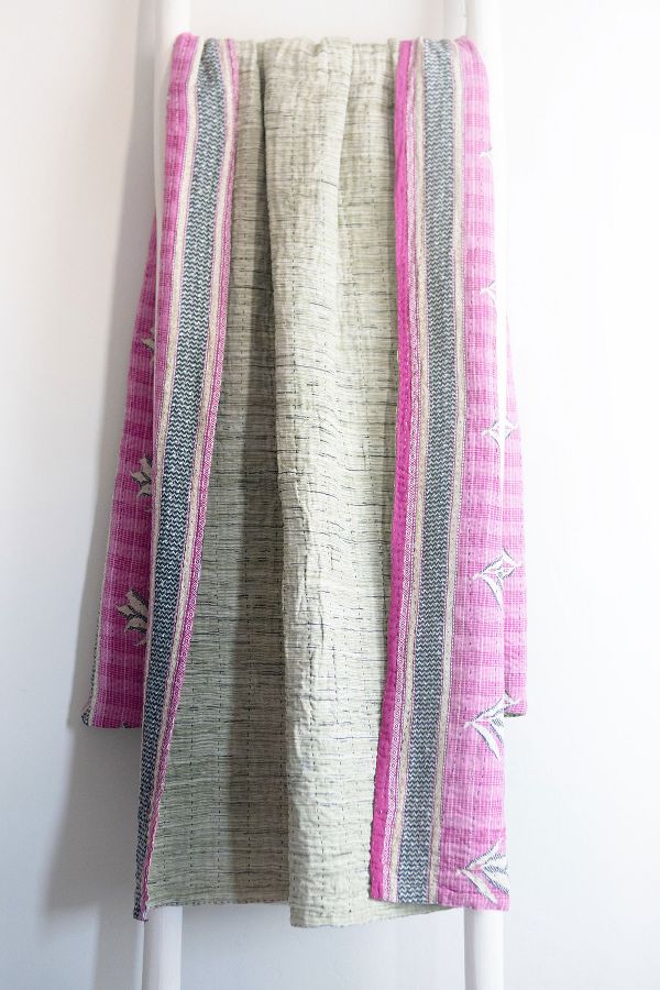 Slide View: 2: Roan Iris One-of-a-kind Kantha Quilted Throw Blanket No. 06818