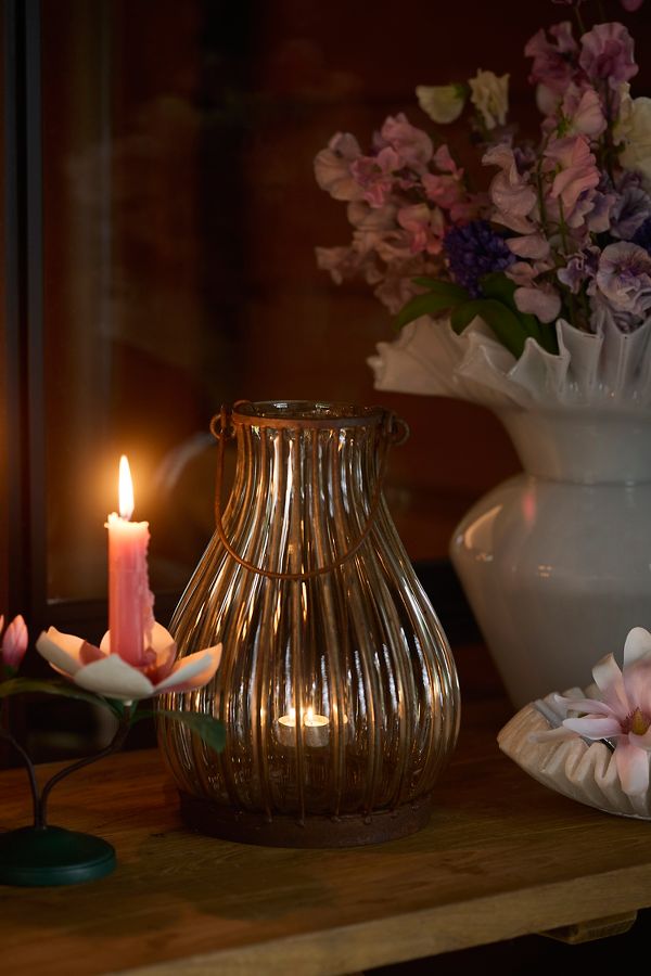 Slide View: 6: Striped Iron + Glass Lantern