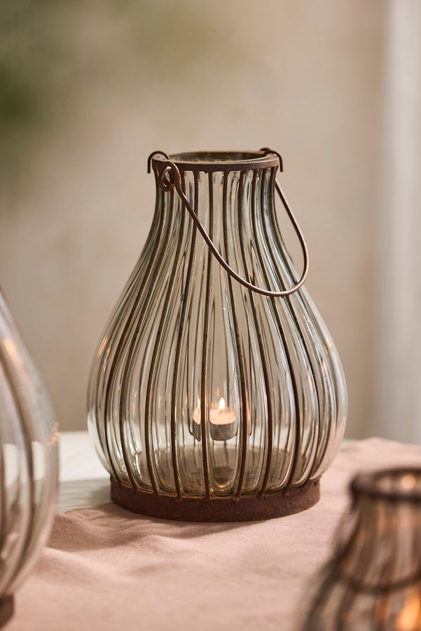 Slide View: 4: Striped Iron + Glass Lantern