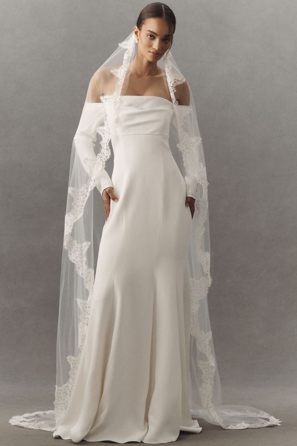 Slide View: 1: Twigs & Honey French Lace-Trim Tulle Chapel Veil