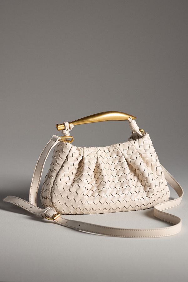 Slide View: 1: Asymmetrical Hardware Woven Satchel