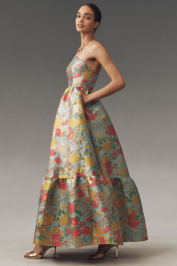 Slide View: 4: Mac Duggal Strapless Floral Brocade Maxi Dress