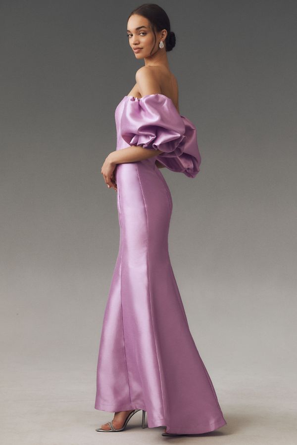 Slide View: 4: Mac Duggal Sweetheart Off-The-Shoulder Satin Mermaid Maxi Dress