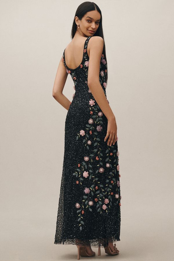 Slide View: 2: Mac Duggal Square-Neck Floral Beaded Maxi Dress