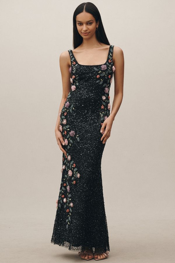 Slide View: 1: Mac Duggal Square-Neck Floral Beaded Maxi Dress