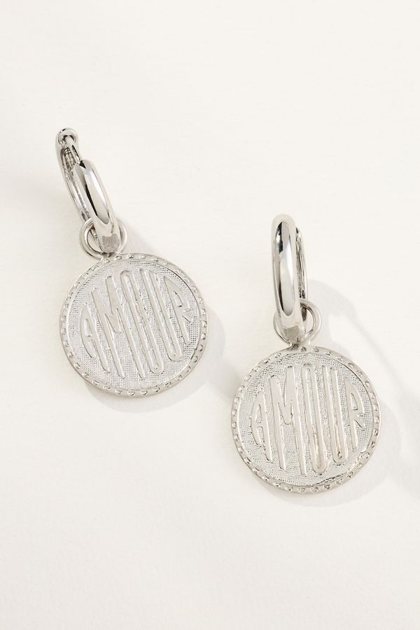 Slide View: 1: Amour Coin Charm Huggie Hoop Earrings