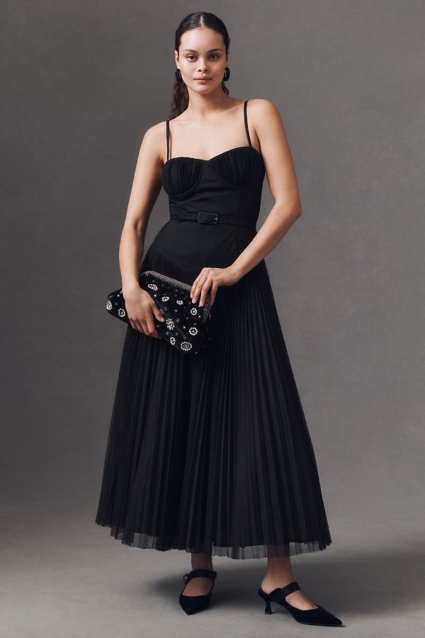 Slide View: 1: Hutch Amara Corset Pleated Tulle Drop-Waist Fit & Flare Midi Dress