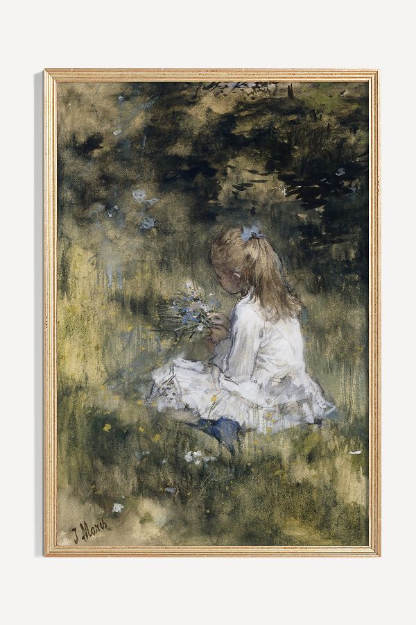 Slide View: 1: A Girl with Flowers in the Grass Wall Art