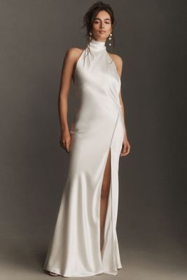 SAU LEE Penelope High-Neck Open-Back Satin Maxi Dress