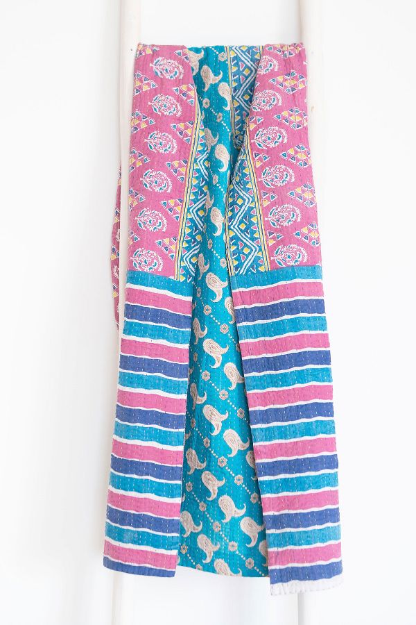 Slide View: 2: Roan Iris One-of-a-kind Kantha Quilted Throw Blanket No. 06910