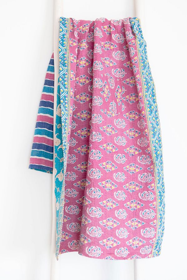 Slide View: 1: Roan Iris One-of-a-kind Kantha Quilted Throw Blanket No. 06910