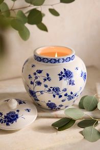 Slide View: 1: Ceramic Jar Candle, Blue Floral