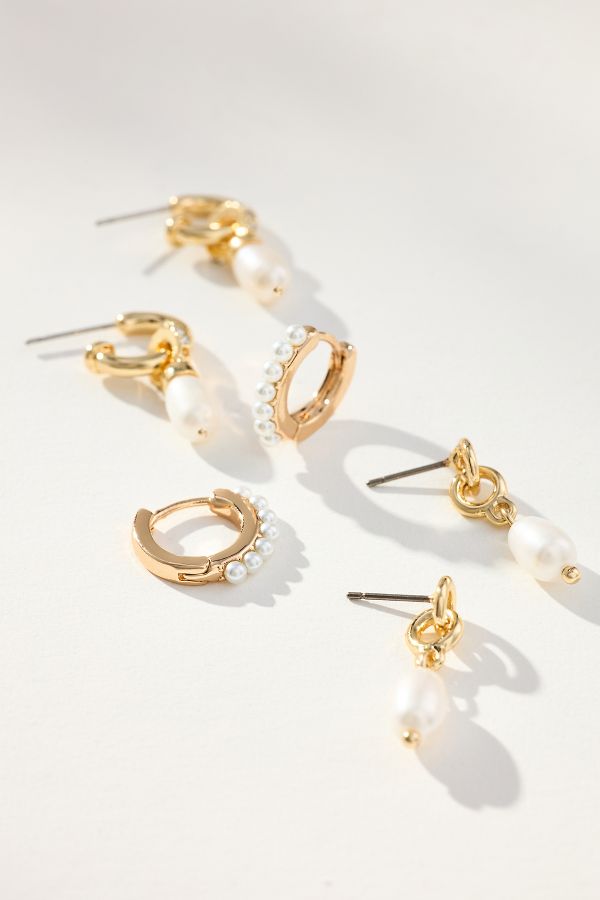 Slide View: 1: Pearl Huggie Earrings, Set of 3