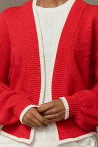 Slide View: 2: The Livvy Waffle Knit Cardigan Sweater by Flat White: Colorblock Trim Edition