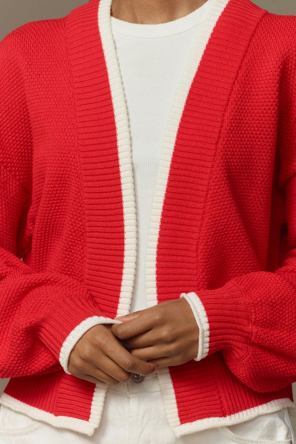 Slide View: 2: The Livvy Waffle Knit Cardigan Sweater by Flat White: Colorblock Trim Edition